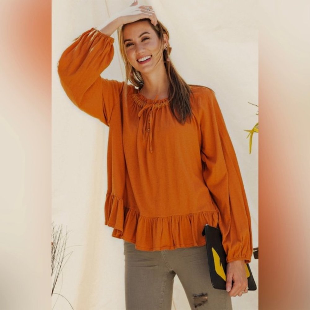 Easel Erica Long Sleeve Cotton Slub Henley Babydoll Tunic Pumpkin Orange Medium - Picture 6 of 14
